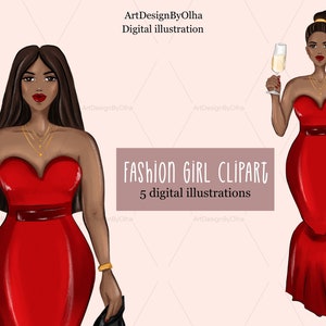 Beautiful Black Girl Clipart in Red Dress with Champagne, Fashion Black Woman Clipart Christmas PNG, Black Girl PNG, African American Girl