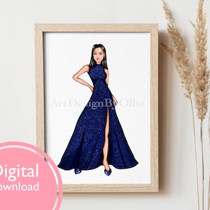 Fashion Illustration Print Girl in Elegant Blue Dress, Digital Wall Art, Chic Printable Decor, Instant Download, Fashion Wall Art