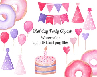 Watercolor Birthday Party Clipart, Party Clipart, Balloon, Cake, Party Hats, Donut, Bunting, Clipart Set 25 png, Instant Download