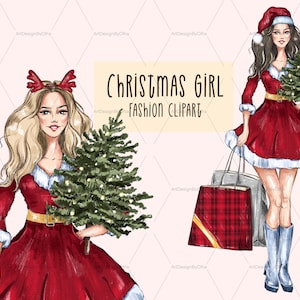 Clipart de menina de compras de Natal, Clipart de Natal, Menina planejadora, Menina de Natal com árvore, Clipart de adesivos de Natal, Menina de inverno digital