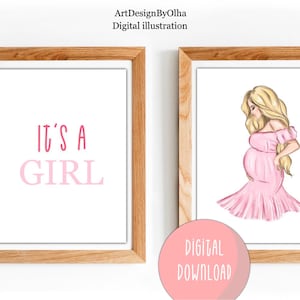 Mulher grávida em vestido rosa clipart, é uma menina para imprimir, arte de parede em aquarela de maternidade, impressão digital de gravidez, decoração de chá de bebê