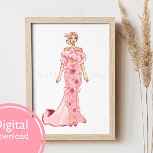 Fashion Illustration Print, Girl in Pink Floral Dress, Digital Wall Art, Chic Home Decor, Fashionista Gift, Printable Artwork