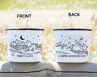 Personalized Camping Under the Stars Mug, Customizable Couples Camp Mug, Outdoors Tent Camping Enamel Cup, Retirement Anniversary Gift