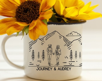 Lesbian Wedding Gift, Girlfriends Mrs and Mrs Personalized Mug, Outdoorsy Gay Couple, Custom LGBTQ Newlywed Engagement Anniversary Camp Cup