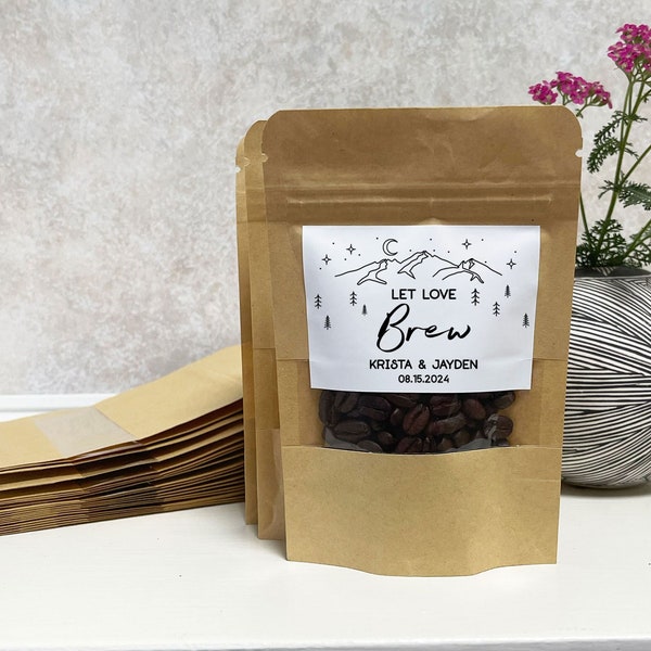 10 Personalized Bags, Let Love Brew Coffee Wedding Favor Bags, Bridal Shower Gift, Resealable Coffee Pouch, Wedding Favor, Guest Gift