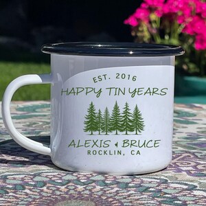 Ten Year Anniversary Gift, Tin Year Camping Mug, Custom 10 Year Husband Wife Gift, Personalized 10th Wedding Celebration Cup