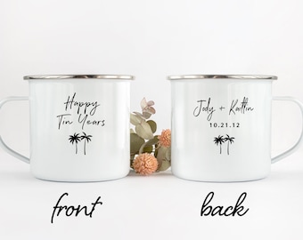 Tin Year Anniversary Mug, Custom 10 Year Husband Wife Gift, Personalized 10th Wedding Celebration Cup, Beach Anniversary, Palm Tree Wedding