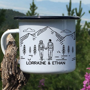 Personalized Adventure Couple Mug, Custom Engagement Wedding Anniversary Camping Gift, Unique Custom Favors, Mountain Campfire Camper Decor