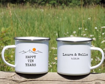 Happy Tin Year Anniversary Mug, Personalized 10th Wedding Celebration, Custom 10 Year Gift for Husband or Wife Present, Mountains & Sun