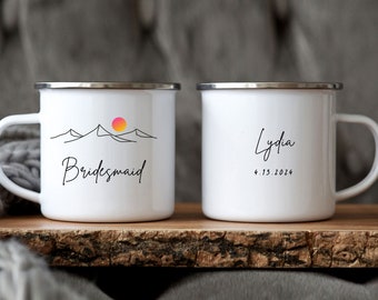 Personalized Bridesmaid Mug, Mountain Maid of Honor Camping Mug, Outdoor Bridal Party Gift, Adventure Wedding, Sunrise Scene, Proposal Gift