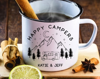 RV Tent Camper Motorcycle Personalized Campfire Enamel Mug, Couples , Custom Coffee Camp Mug, Outdoor Camping Mug Retirement Mother's Day