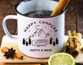 Happy Campers 5th Wheel RV Camper Travel Van Personalized Campfire Enamel Mug, Couples , Custom Coffee Camp Mug, Outdoor Camping Mug