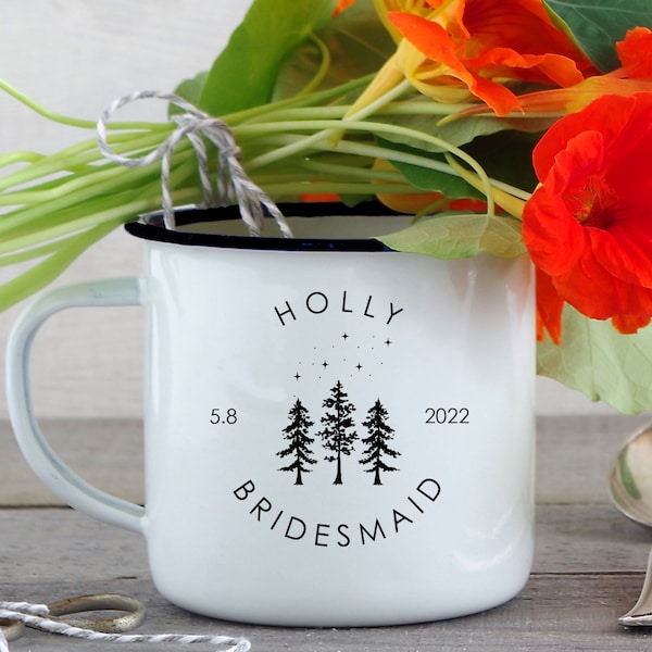 Starlight & Trees Bridesmaid Mug, Maid of Honor Matron of Honor Mug Bridal Party Campfire Enamel Cup, Mountain Wedding Mother's Day