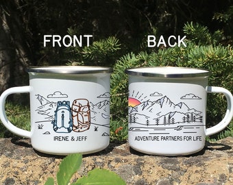 Backpacking Adventure Mug, Personalized Engagement Wedding Anniversary Camping Gift, Unique Custom Hiking Mug, Backpack Campfire Cup