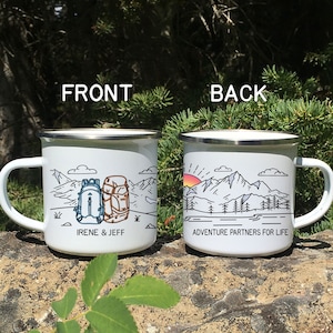 Backpacking Adventure Mug, Personalized Engagement Wedding Anniversary Camping Gift, Unique Custom Hiking Mug, Backpack Campfire Cup