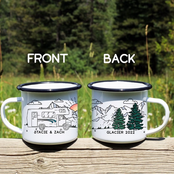 Personalized Sunrise RV Camp Mug, Enamel Campfire Cup, Custom Gift, Outdoor Motorhome Happy Camper, Wedding Anniversary Retirement Mug