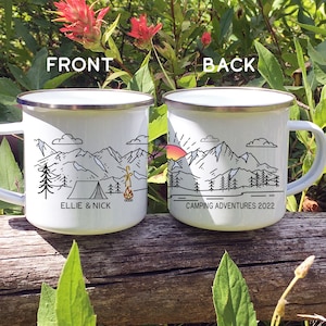 Personalized Camp Mug, Customizable Campfire Enamel Mug, Couples Mountain Custom Coffee Cup, Outdoor Camping Gift, Mountain View