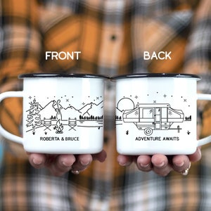 Personalized Pop-Up Enamel Camp Mug, Custom Road Trip Gift, Couples Camping Outdoor Mug