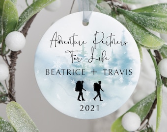 Christmas Hikers Ornament, Customized Holiday Gift, Personalized Couples Newlywed Ornament