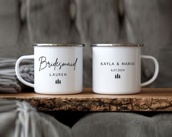 Personalized Bridesmaid Mug, Maid of Honor Matron of Honor Mug, Bridal Party Campfire Enamel Cup, Mountain Wedding Proposal 3 Trees Mug