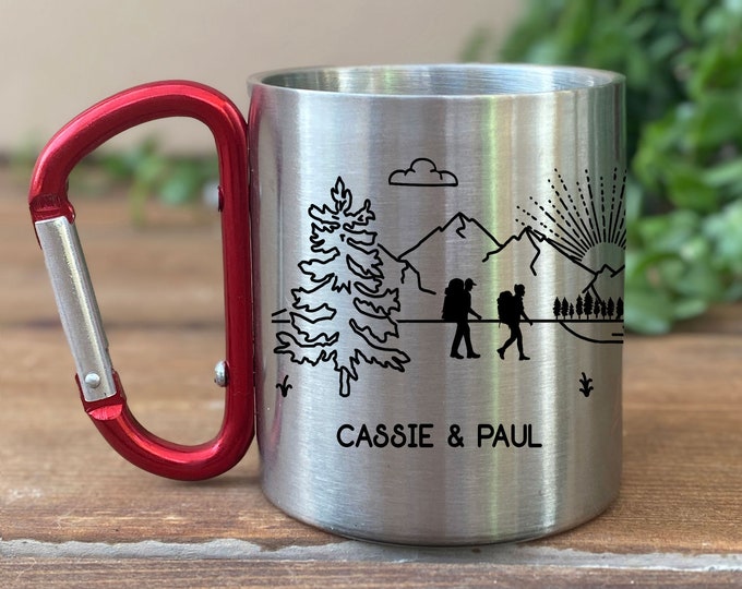 Carabiner Hikers Mug, Personalized Gift for Him or Her, Unique Couples Wedding Gift, Mountain Climbers Mug, Hiking Camping Adventure Cup