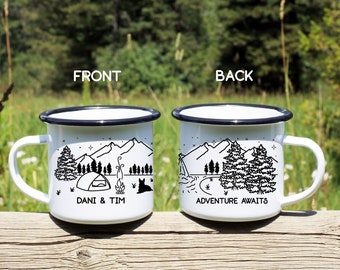 Personalized Tent Waterfall Enamel Mug, Adventure Hiking Couples, Custom Coffee Camp Mug, Outdoor Camping, Mother's Day, Unique Wedding Gift