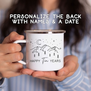 Tin Year Anniversary Mug, Custom 10 Year Gift for Husband or Wife, Personalized 10th Wedding Celebration Cup, Tin Mountains