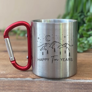 Carabiner Tin Year Anniversary Mug, Custom 10 Year Husband Wife Gift, Personalized 10th Wedding Celebration Cup, for the Couple, Mountains