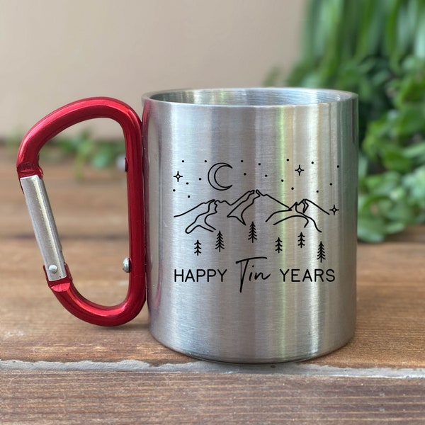 Carabiner Tin Year Anniversary Mug, Custom 10 Year Husband Wife Gift, Personalized 10th Wedding Celebration Cup, for the Couple, Mountains