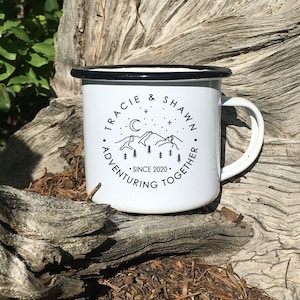 Personalized Mountain Wedding Gift Enamel Mug, Adventure Together Camping Cup, Engagement Newlywed Anniversary Gift, Couples Coffee Mug