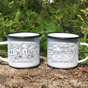 Personalized Kayaking Gift, Customizable Couples Camp Mug, Custom Kayak Water Sport Enamel Cup, Outdoorsy Engagement Wedding Anniversary Mug