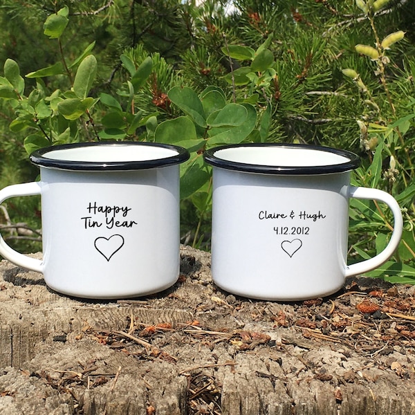 Heart Tin Year Anniversary Mug, Personalized 10th Wedding Celebration Gift, Custom 10 Year Husband Wife Gift