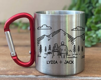 Personalized Carabiner Wedding Gift, Mountain Mug, Unique Elopement Camping Cup, Engagement Newlywed Anniversary Gift, Custom Couples Gift