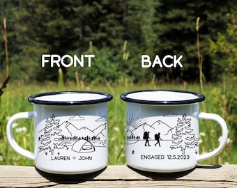 Personalized Hikers Campfire Mug, Hiking Custom Camping Cup, With Dog, Adventure Retirement Wedding Anniversary Unique Couples Gift