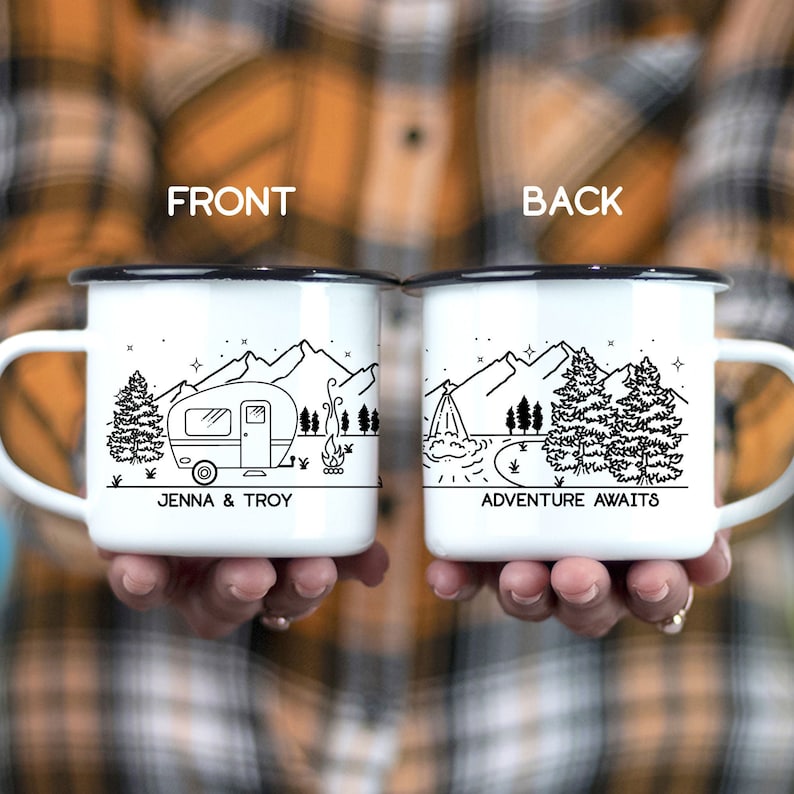 Camper Enamel Mug Adventure Couples Custom Coffee Camp Cup.