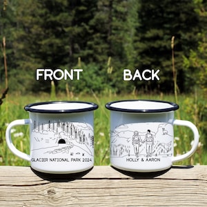 Glacier Customizable Camp Mug, National Park Personalized Gift, Souvenir Coffee Cup, Montana Adventure Couple, Rustic Engagement Anniversary