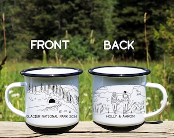 Glacier Customizable Camp Mug, National Park Personalized Gift, Souvenir Coffee Cup, Montana Adventure Couple, Rustic Engagement Anniversary