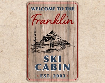 Personalized Ski Cabin Sign, Custom Family Name Sign, Cabin Decor Gift, Hunting Cabin Sign, Vintage Style Lodge Metal Sign, Mountain Scene