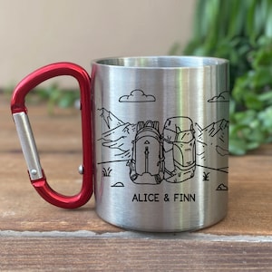 Backpack Personalized Carabiner Mug, Trail Hiking Camp Cup, Backpacker Gift, Mountain Climber Climbing Mug, Campfire Gift for Him or Her