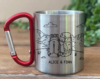 Backpack Personalized Carabiner Mug, Trail Hiking Camp Cup, Backpacker Gift, Mountain Climber Climbing Mug, Campfire Gift for Him or Her