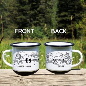 Personalized Hikers Campfire Mug, Hiking Custom Camping Cup, With Dog, Adventure Retirement Wedding Anniversary Unique Couples Gift
