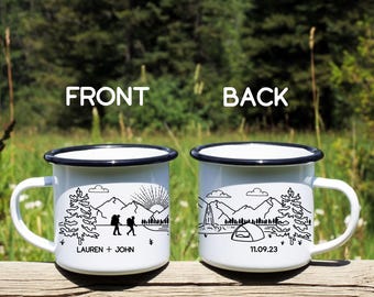 Personalized Hikers Campfire Mug, Hiking Custom Camping Cup, With Dog, Adventure Retirement Wedding Anniversary Unique Couples Gift