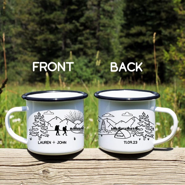 Personalized Hikers Campfire Mug, Hiking Custom Camping Cup, With Dog, Adventure Retirement Wedding Anniversary Unique Couples Gift