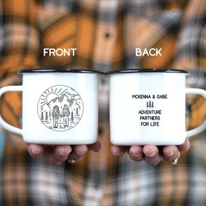 Mountain Hiking Couple Mug, Personalized Engagement Wedding Anniversary Camping Gift, Unique Custom Favors, Campfire Camper Decor