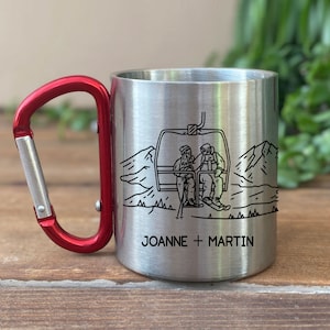 Personalized Ski Mug, Customized Couples Skiing Gift, Downhill Ski Lover, Winter Skier Sports Gift, Apres Ski Party Cup