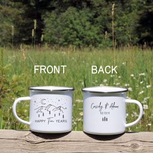 Carabiner Tin Year Anniversary Mug, Custom 10 Year Husband Wife Gift, Personalized 10th Wedding Celebration Cup, for the Couple, Mountains image 4