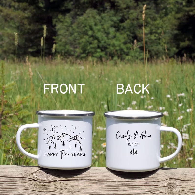 Carabiner Tin Year Anniversary Mug, Custom 10 Year Husband Wife Gift, Personalized 10th Wedding Celebration Cup, for the Couple, Mountains image 4