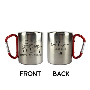 Carabiner Tin Year Anniversary Mug, Custom 10 Year Husband Wife Gift, Personalized 10th Wedding Celebration Cup, for the Couple, Mountains image 2