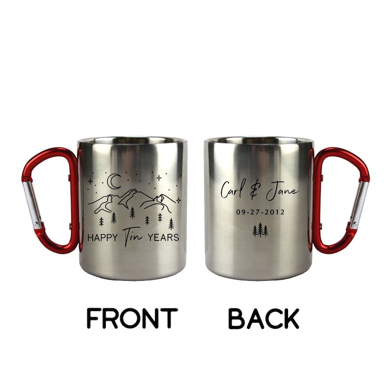 Carabiner Tin Year Anniversary Mug, Custom 10 Year Husband Wife Gift, Personalized 10th Wedding Celebration Cup, for the Couple, Mountains image 2