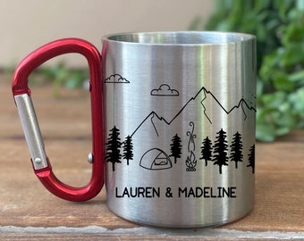 Sunny Camp Personalized Carabiner Mug, Trail Hiking Camp Cup, Backpacker Gift, Mountain Climber Climbing Mug, Campfire Gift for Him or Her